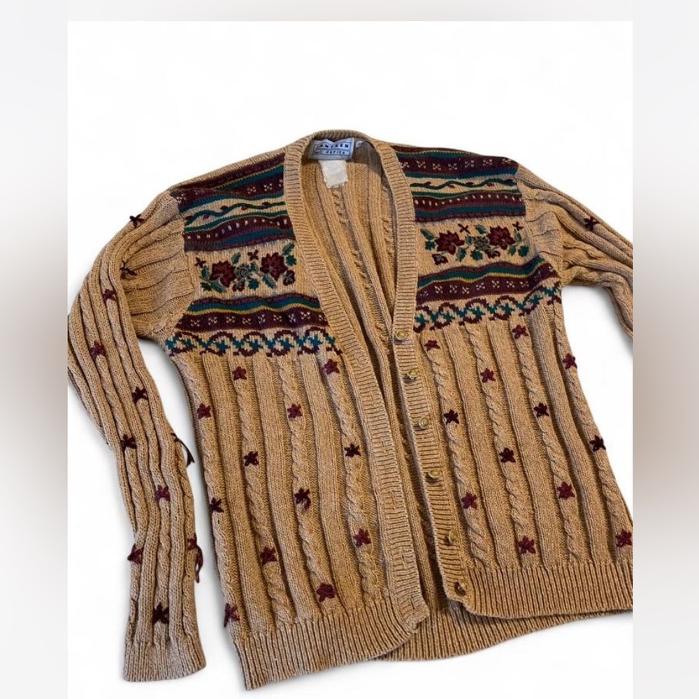 Jantzen Tan Cable Knit Cardigan with Multicolor Fair Isle Yoke